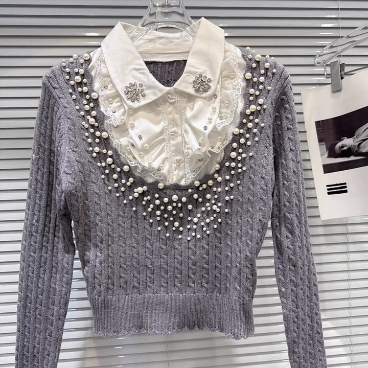 【tops】パール付きフェイクレイヤードニットトップス Q7998