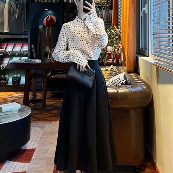 【set】ドット柄シャツ+ハイウエストスカートセット　M17779