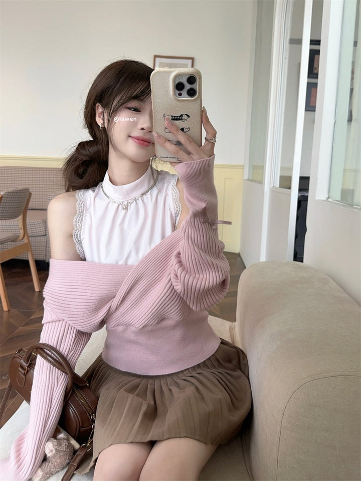 【tops】オフショルダー切り替えニットトップス　M27223