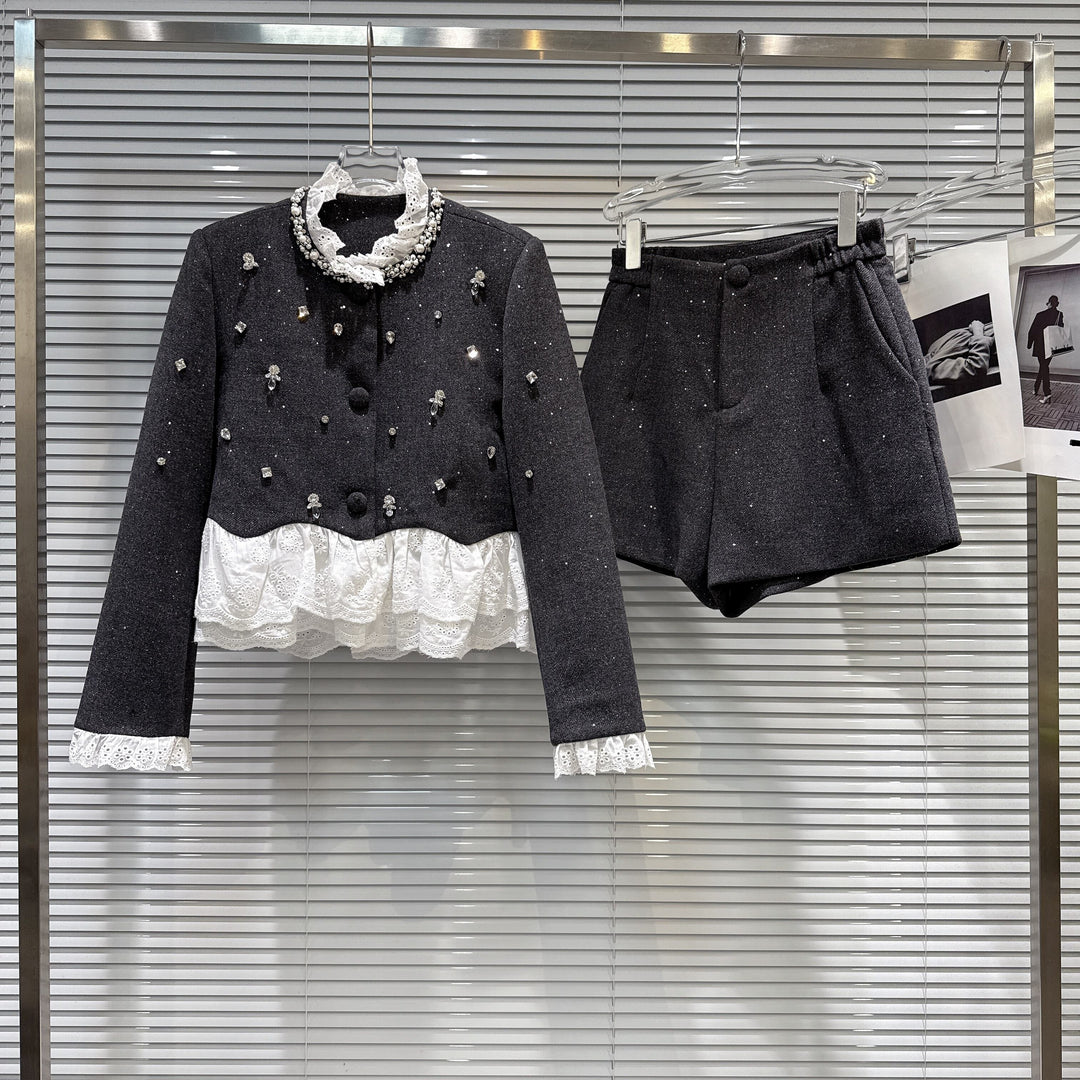 【set】レースドッキングショートジャケット×ショートパンツセット    N3479