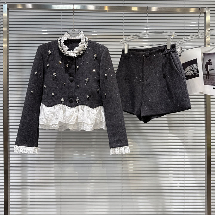 【set】レースドッキングショートジャケット×ショートパンツセット    N3479