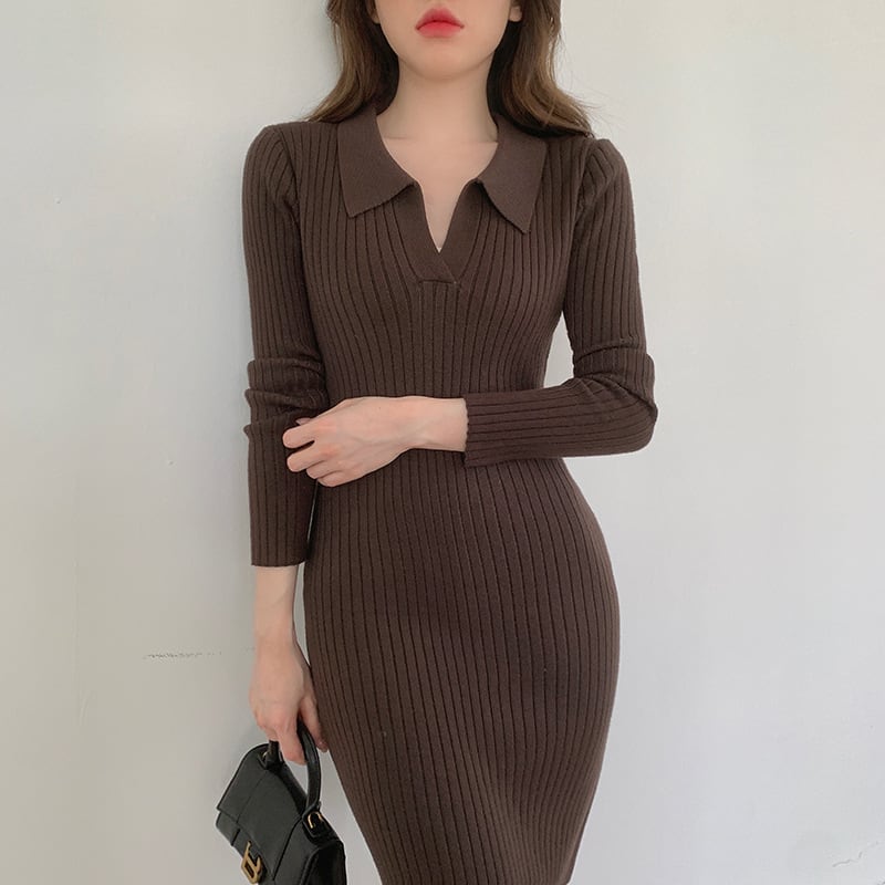 【dress】POLOネックニットワンピース着瘦せ　M17664