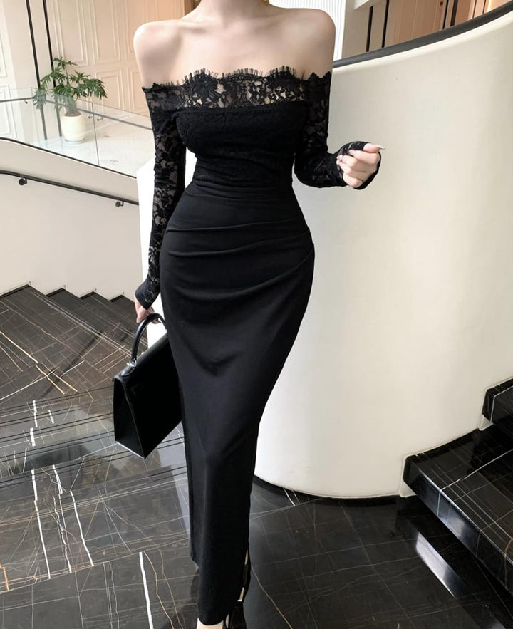 【dress】オフショルダーレースドッキングワンピース Q7421