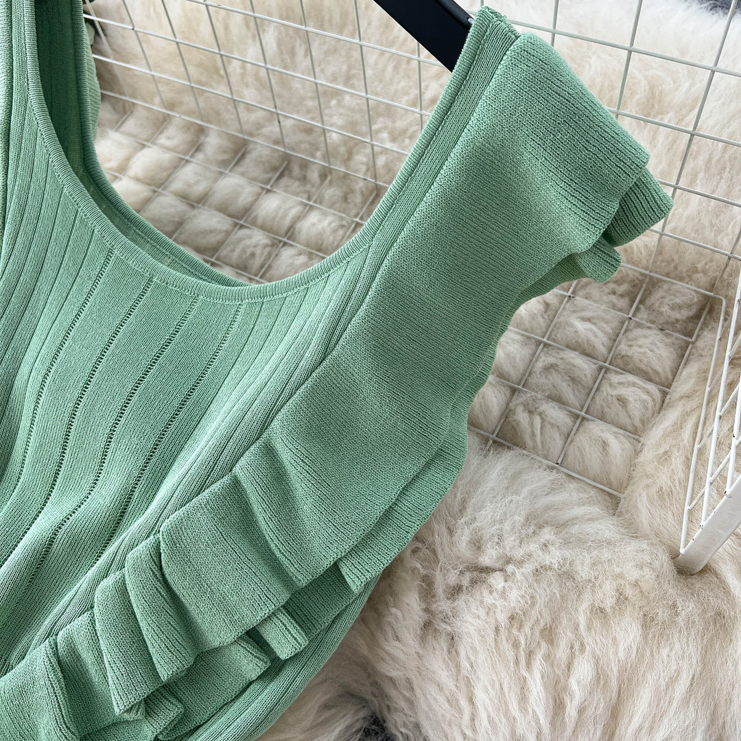 【dress】おしゃれ！フリル薄手ニットワンピース着瘦せ　M16865