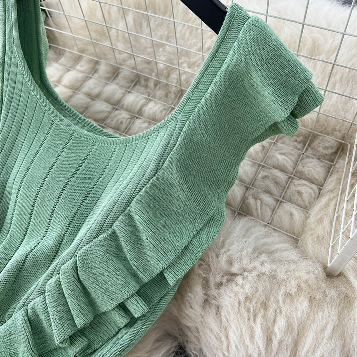 【dress】おしゃれ！フリル薄手ニットワンピース着瘦せ　M16865