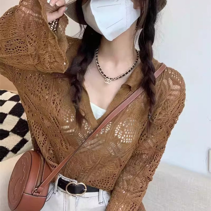 【tops】ベルスリーブ透かしニットトップス Q8308