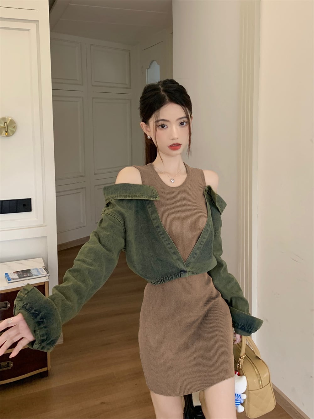 【dress】デニムドッキングニットワンピース　M17979