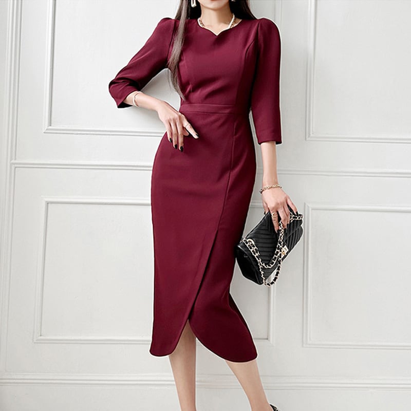 【dress】OL、通勤7分袖スリットデートワンピース　M17727