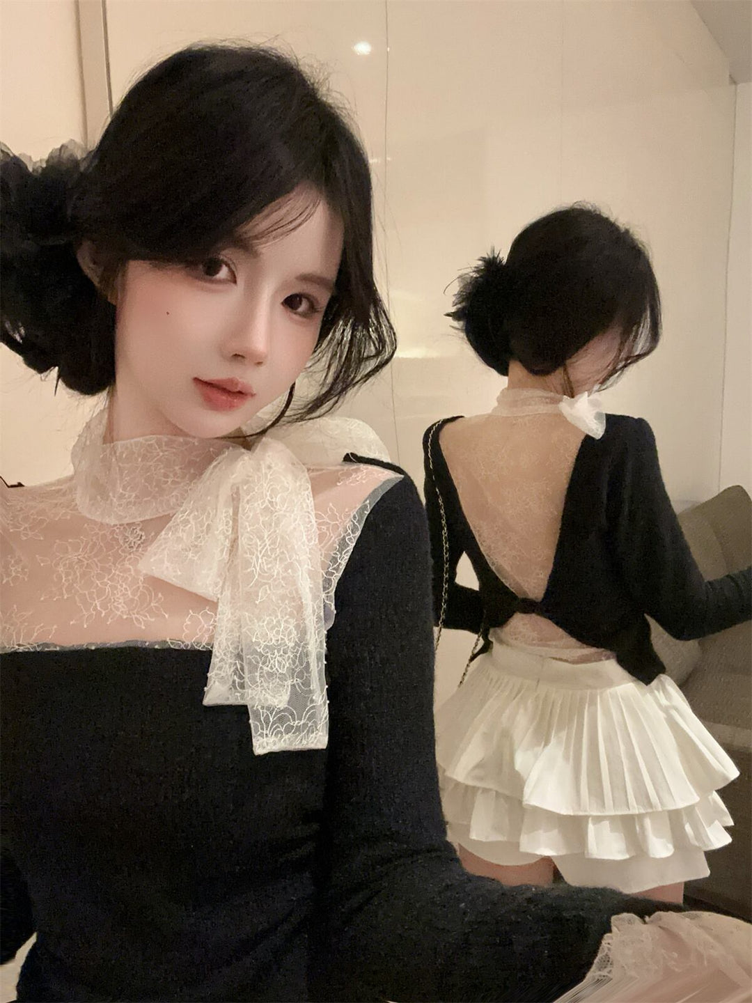 【tops】レースドッキングニットトップス　N2909