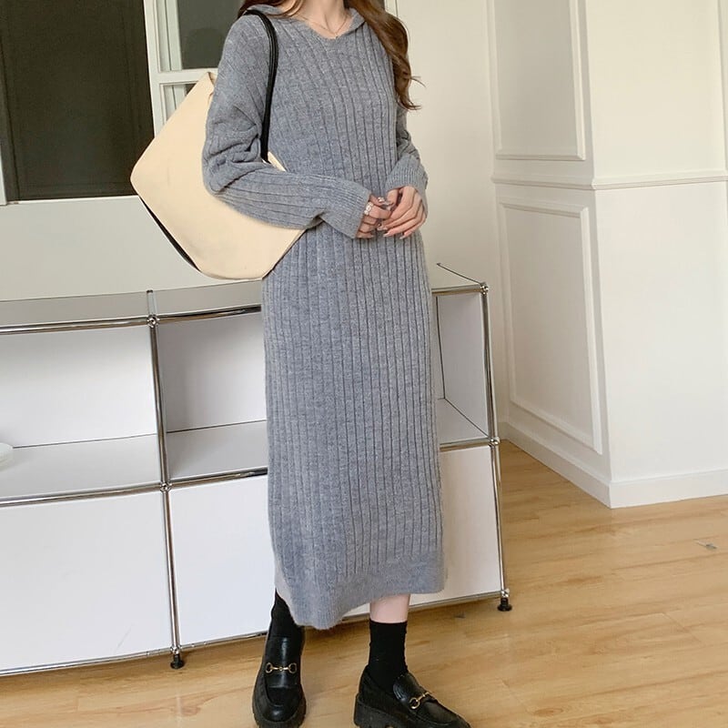 【dress】韓国系シンプルフード付きニットワンピース　M17494