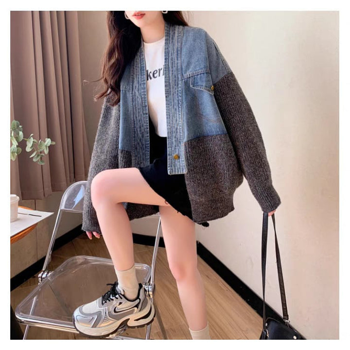【outer】デニム切り替えニットカーデ　M25746