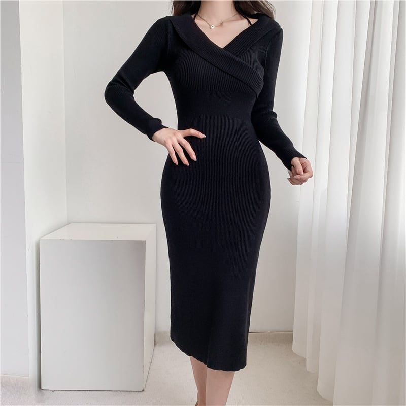 【dress】おしゃれ大人気Vネック無地ニットワンピース　M17566