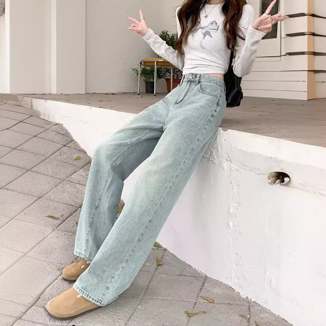 【bottoms】ビジューデニムワイドパンツ　M29790