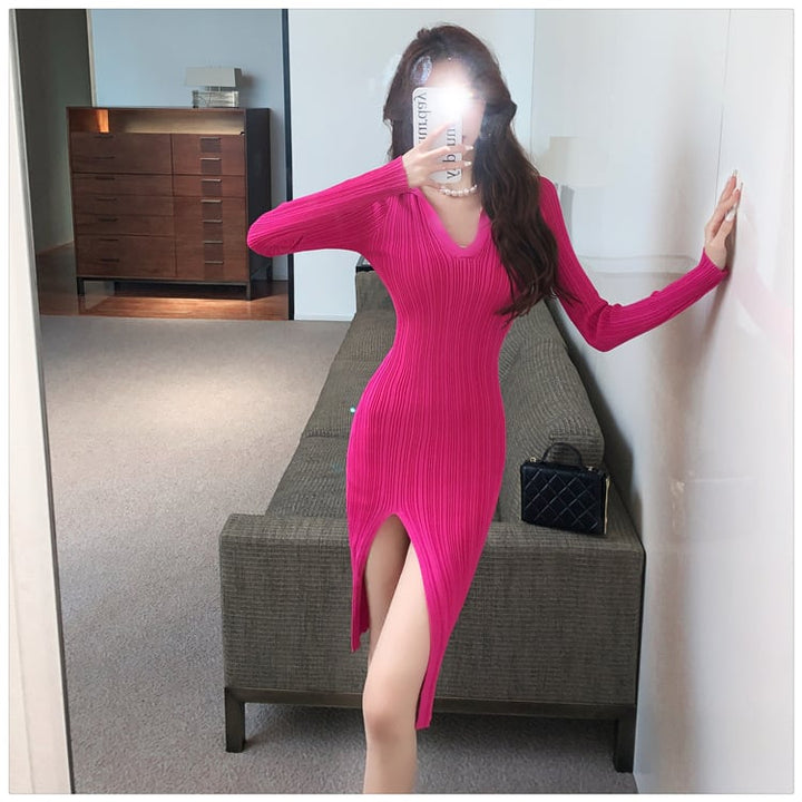 【dress】Vネックスリットニットワンピース　M17974