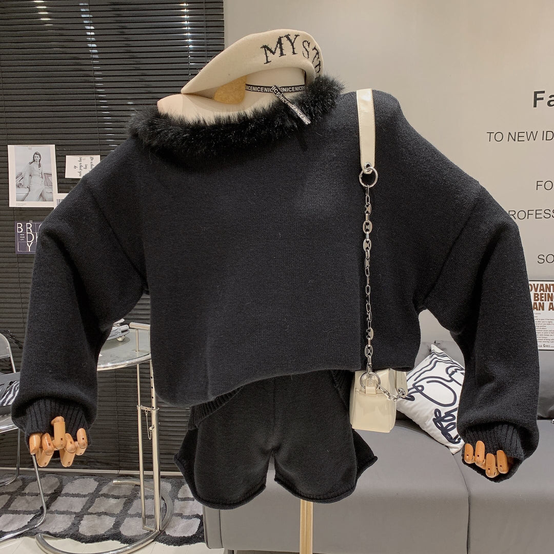 【set】ファーオフショルダーニットセーター×ショートパンツセット　M27914