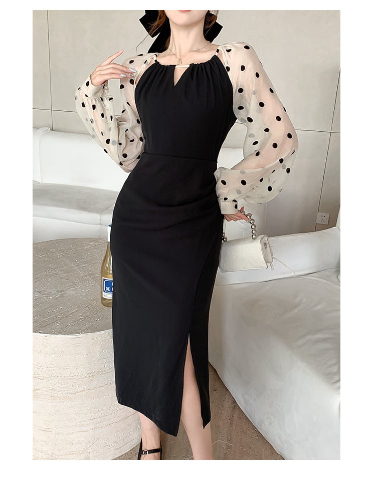 【dress】ドット柄切り替えスリットワンピース　M17714