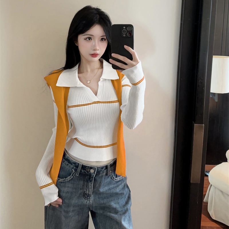【tops】スカーフ付きニットトップス Q7112