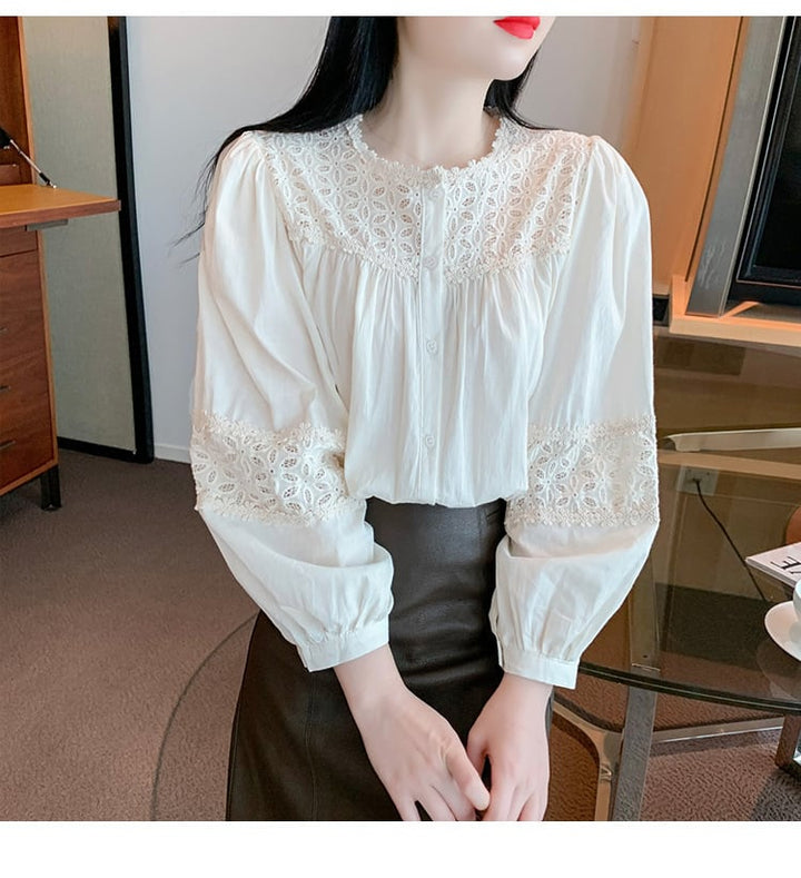 【tops】 爽やかな印象レース切り替え2色シャツトップス　M17297