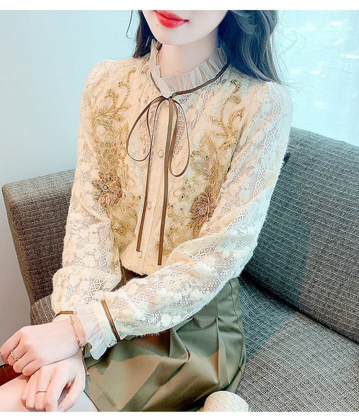 【tops】美人度アップエレガントレースシャツトップス　M16878
