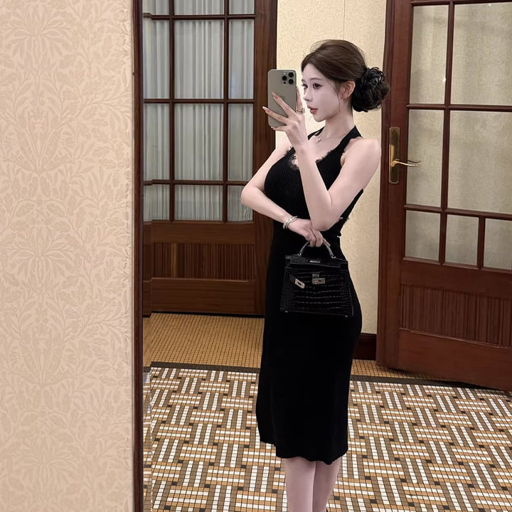 【dress】レースドッキングロングニットワンピース Q8002