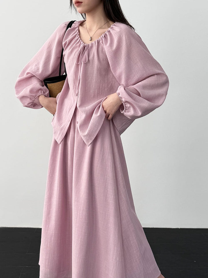 【set】リボン付きトップス×ロングスカートセット Q8324