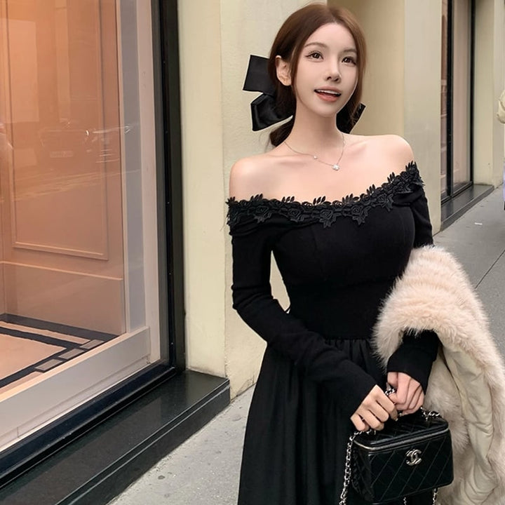 【dress】レースドッキングオフショルダーロングワンピース Q7644