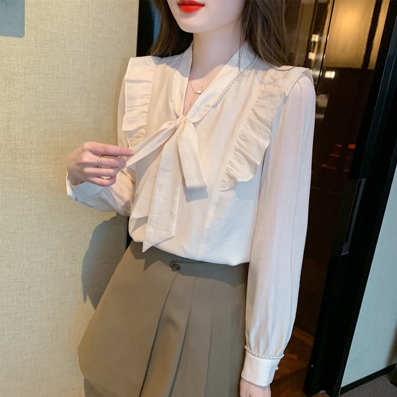 【tops】美人度アップリボン付きシャツトップス超人気　M17338