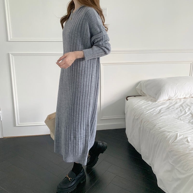 【dress】韓国系シンプルフード付きニットワンピース　M17494