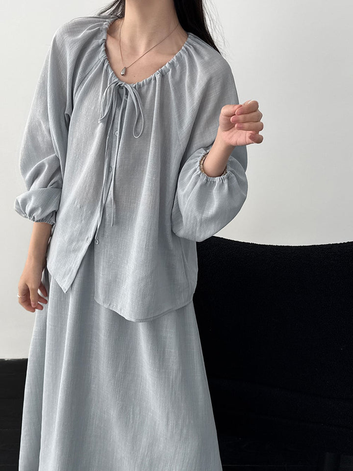【set】リボン付きトップス×ロングスカートセット Q8324