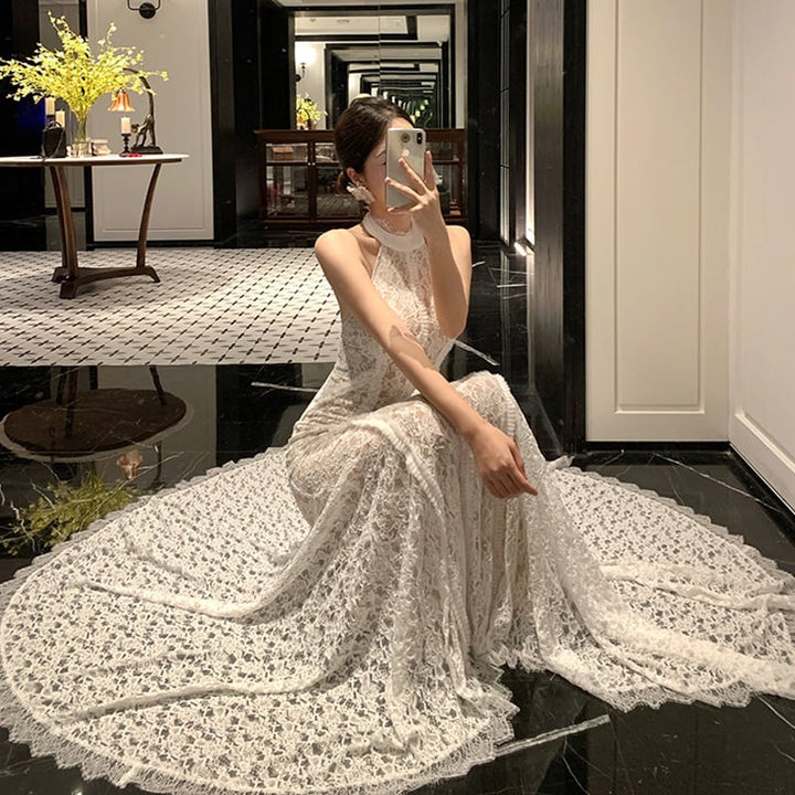 【dress】ホルターネックレースワンピース Q7582