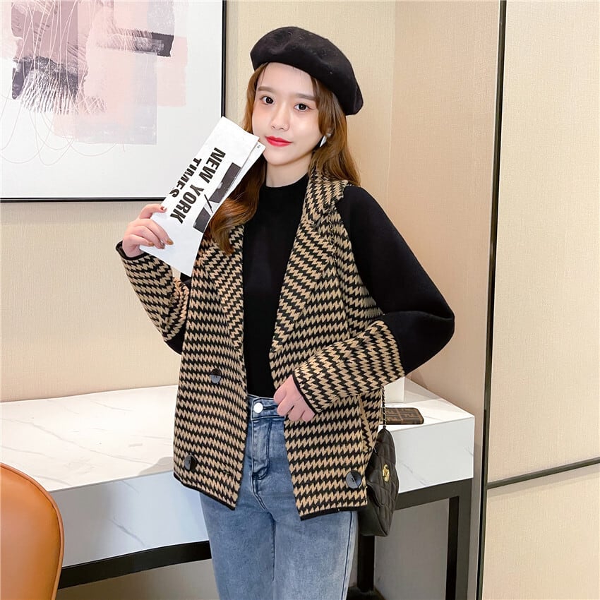 【outer】千鳥格子ドッキングニットコート　M18143