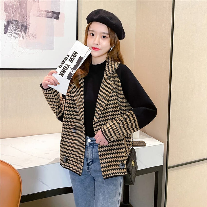 【outer】千鳥格子ドッキングニットコート　M18143