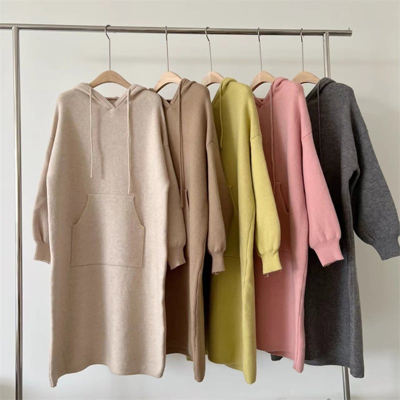 【dress】韓国系フード付きシンプルニットワンピース　M17525