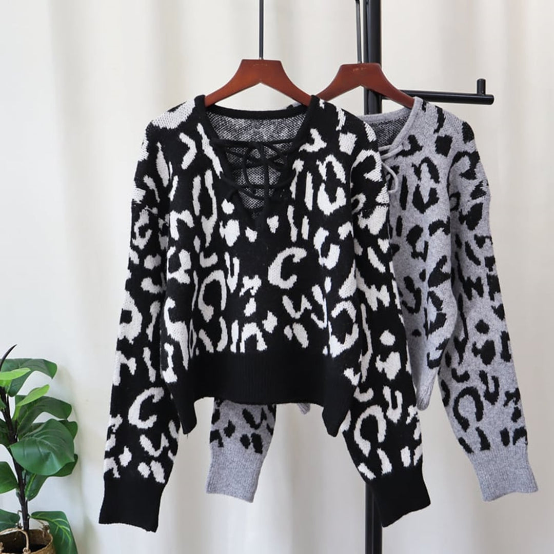 【tops】レースアップヒョウ柄ニットトップス　M26617