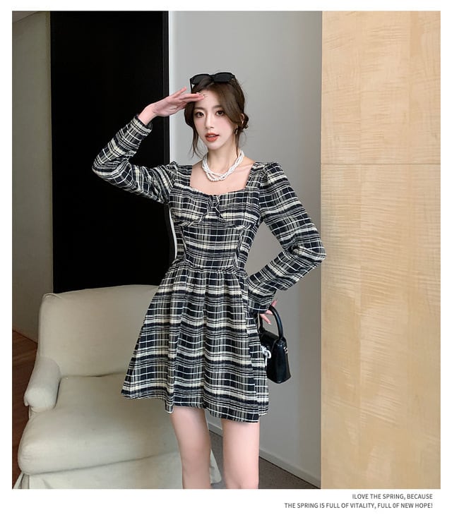 【dress】好感度UPチェック柄デートワンピースオシャレ　M17408