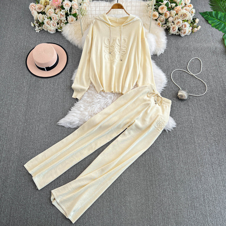【set】フード付きニットトップス×ワイドパンツセット　N2722