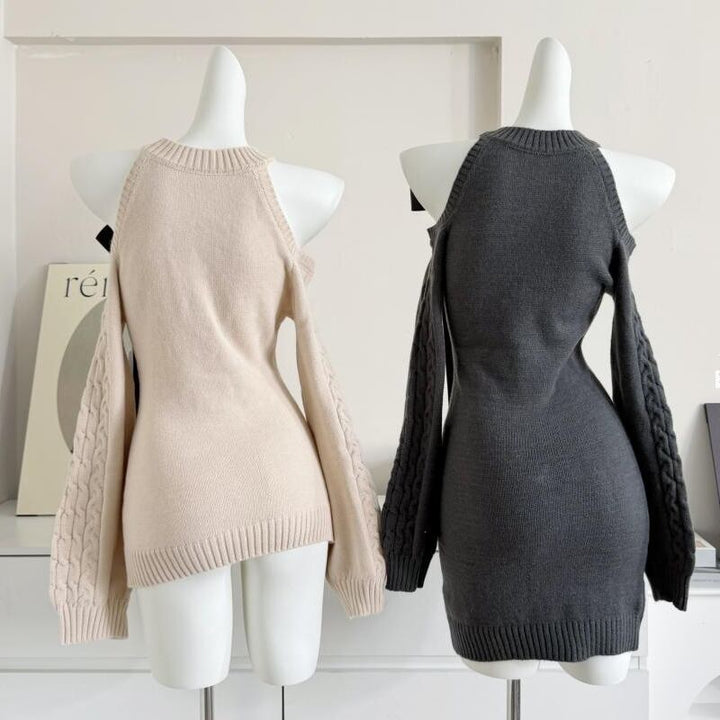 【dress】リボン付きオフショルニットワンピース Q7182