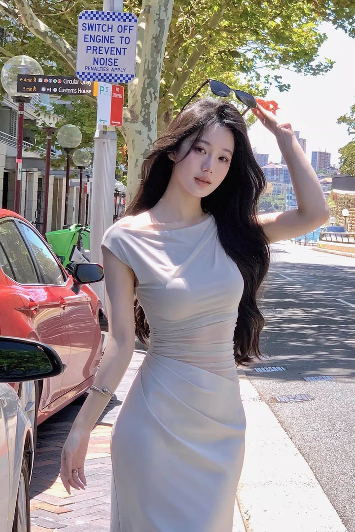 【dress】ノースリーブチュールドッキングロングワンピース Q7988