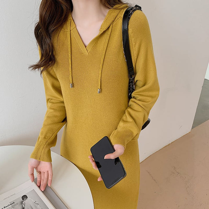 【dress】フード付きニットワンピース韓国系超人気　M17661