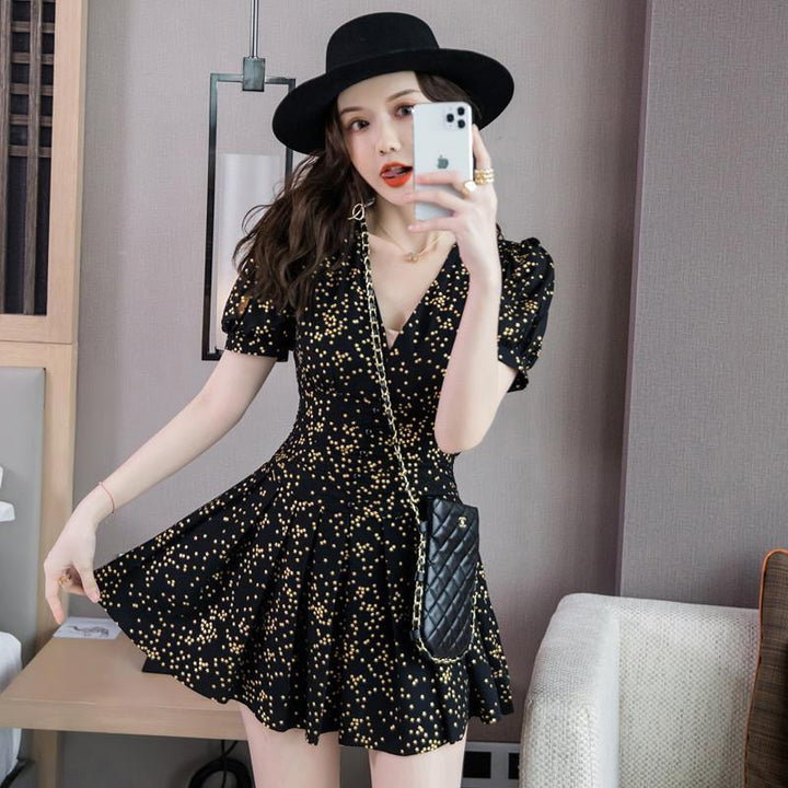 【dress】気質満点大人可愛いVネックプリントワンピース　M16932