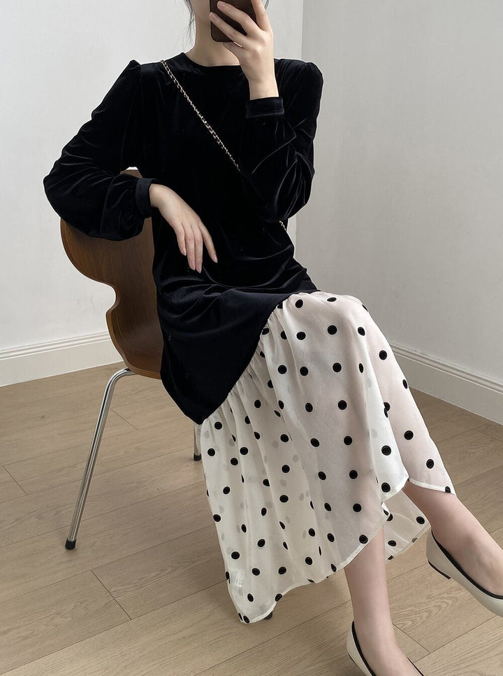 【dress】ドット柄ドッキングワンピース　M29743