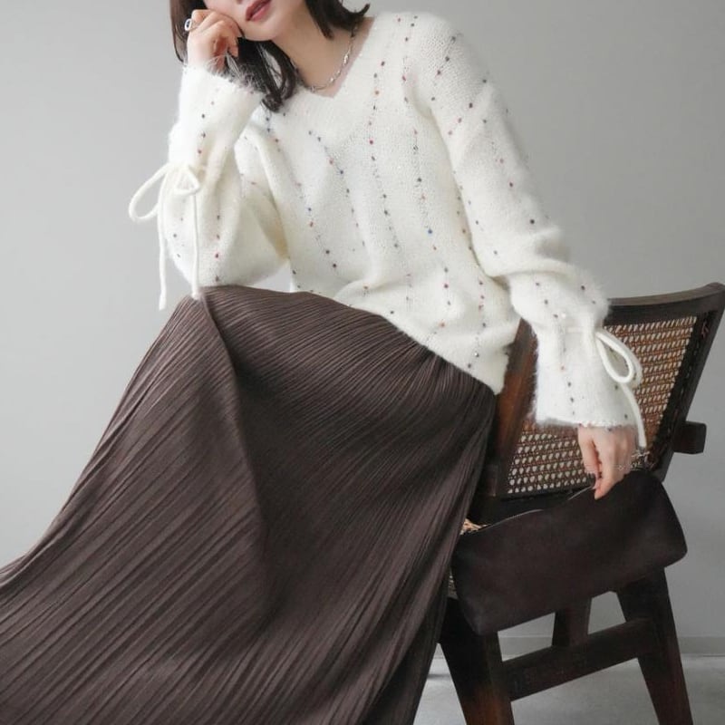 【tops】3色展開Vネックニットトップス Q7702