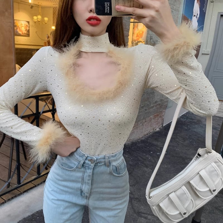 【tops】ファーキラキラカットワークトップス　M18075
