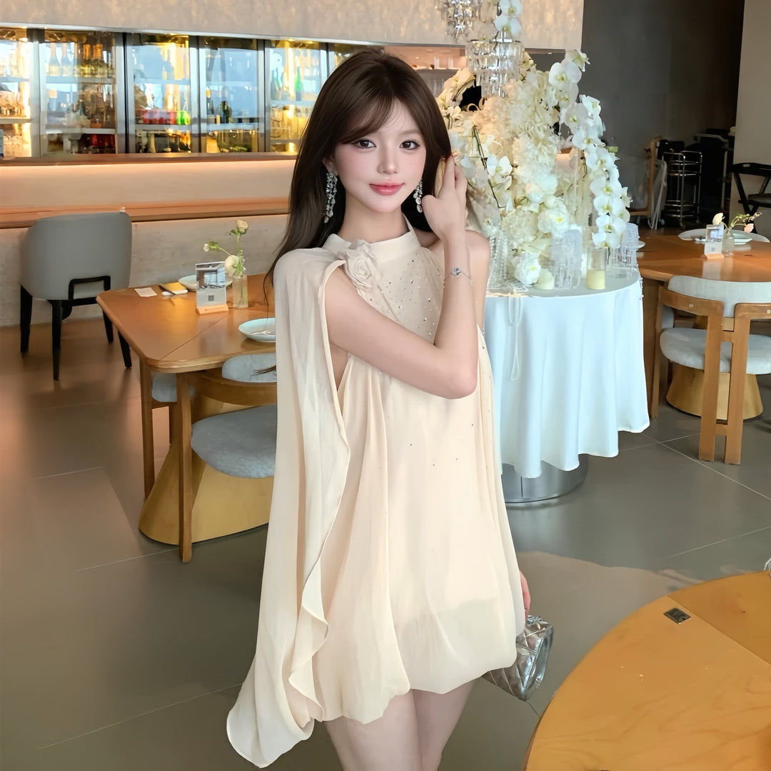 【dress】ラインストーン付きシフォンミニワンピース Q8345