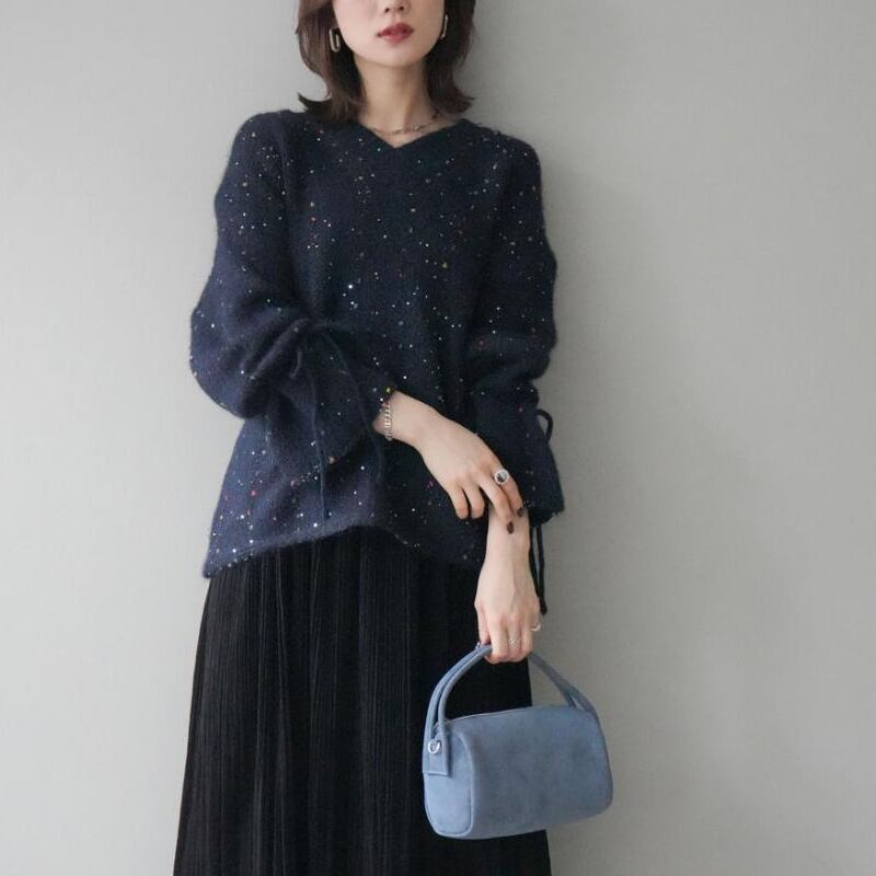 【tops】3色展開Vネックニットトップス Q7702