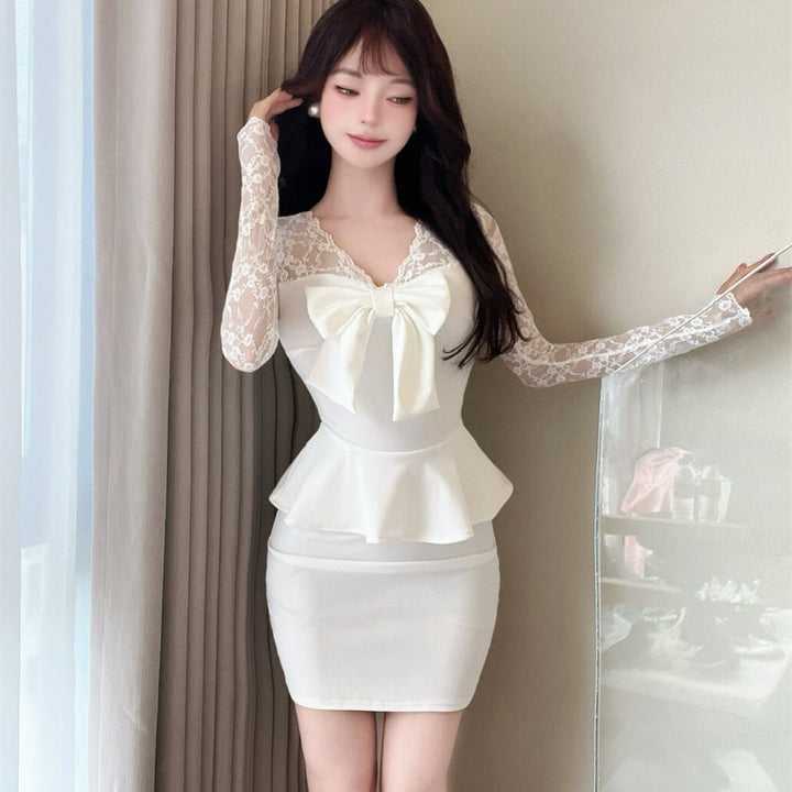 【dress】レース切り替えリボン付きワンピース　M27379