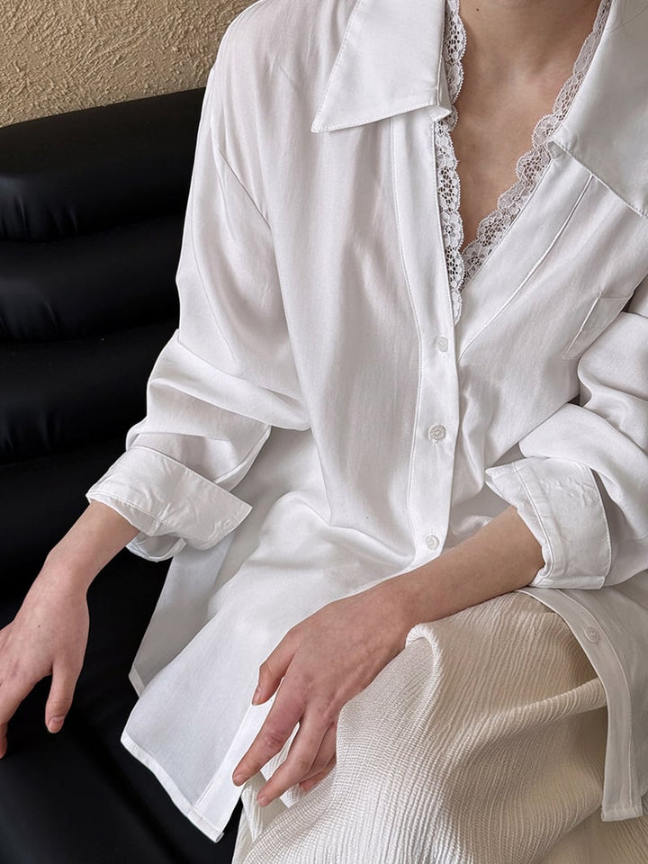 【tops】レース切り替えシャツブラウス　M29946