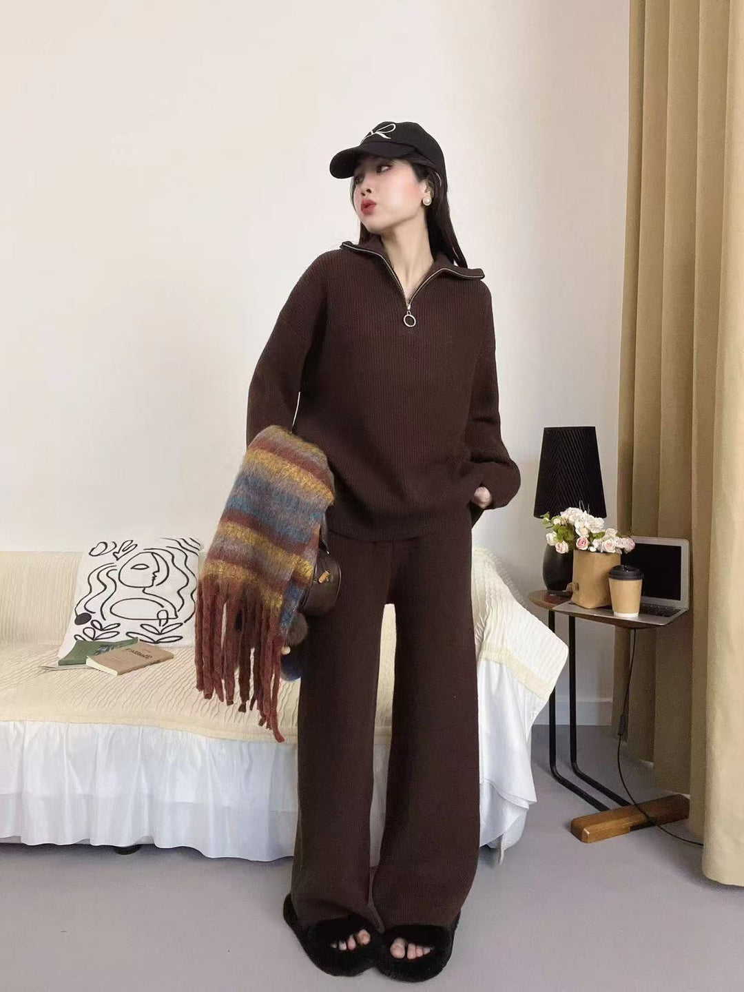【set】ファスナーニットセーター×ワイドパンツセット　M26225