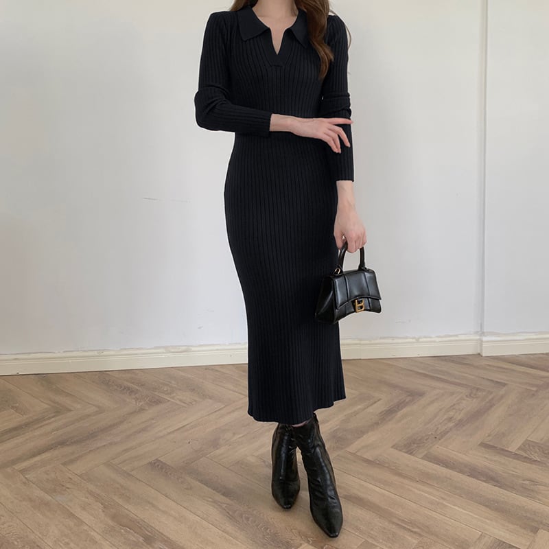 【dress】POLOネックニットワンピース着瘦せ　M17664