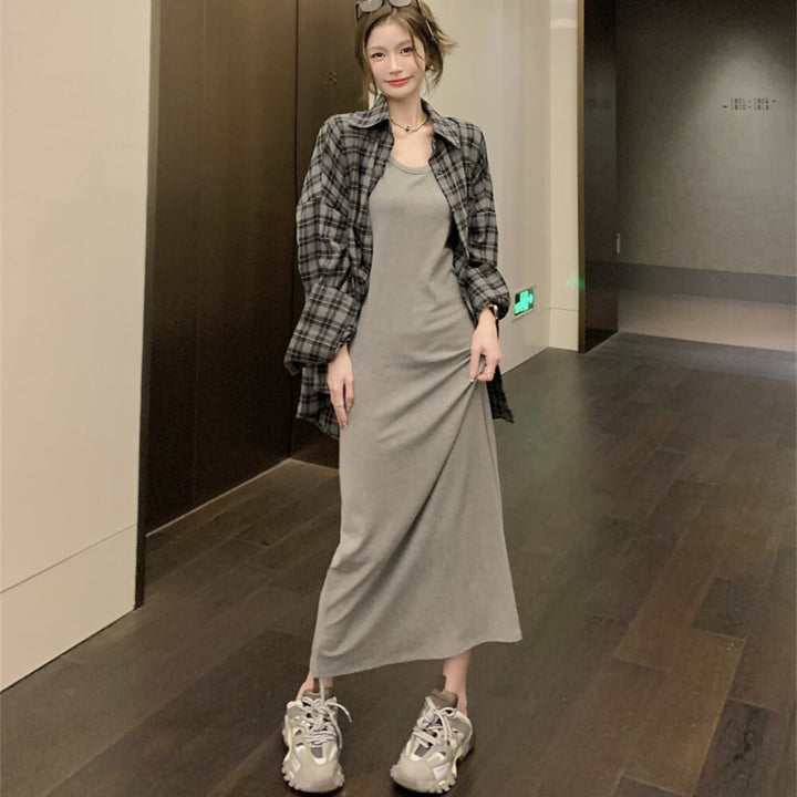 【set】チェック柄シャツ×キャミワンピースセット　M25124